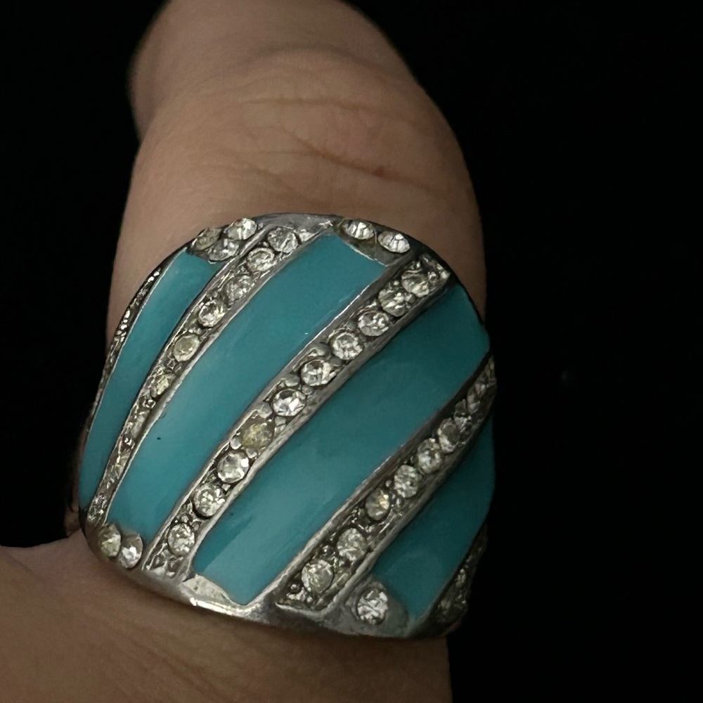 Silver and Blue Striped Stretchy Ring